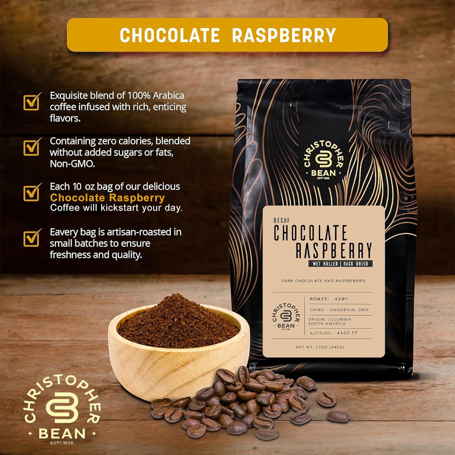 Christopher Bean Coffee - Decaf Ground Universal Drip Chocolate Raspberry Flavored Coffee With Medium Roast | Chocolate Raspberry Coffee No Sugar With 100% Arabica, No Fats, Non-Gmo | 10-Ounce