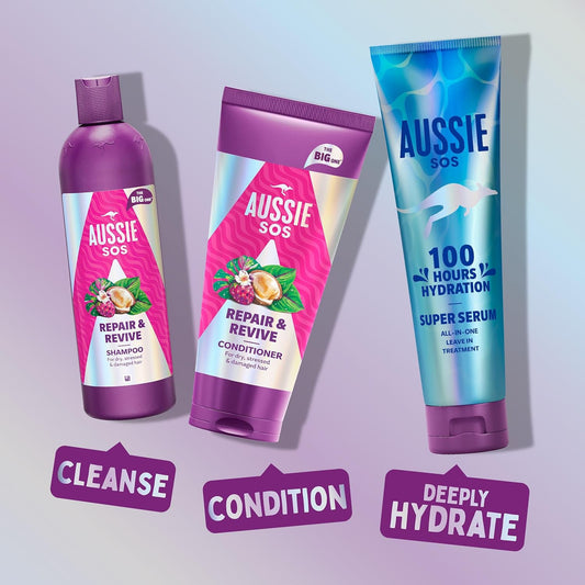 Aussie Sos Repair & Revive Shampoo 500Ml To Leave Dry, Stressed And Damaged Hair Feeling Soft, Smooth And Hydrated, Protects Against Future Damage, Vegan, Infused With Australian Superfoods