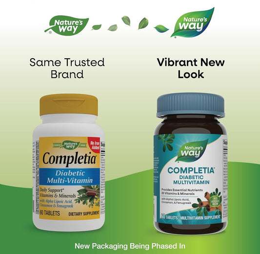 Nature'S Way Completia Diabetic Multivitamin, Provides Essential Nutrients, With Alpha Lipoic Acid, Cinnamon, Fenugreek, Taurine, Lutein, High Potency B-Vitamins, 60 Tablets (Packaging May Vary)