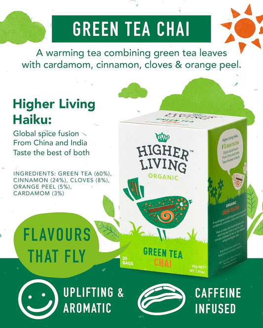 Higher Living Green Tea Chai - Energising, Caffeine Infused Organic Herbal Tea With Cinnamon, Cloves & Cardamom Spices - 4 Boxes, 20 Bags Each