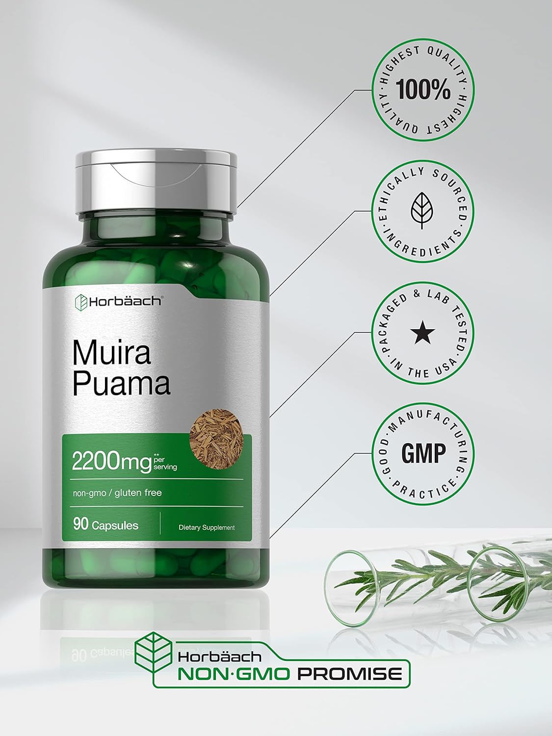 Horbäach Muira Puama Root Extract 2200 mg | 90 Capsules | Non GMO, Gluten Free Supplement : Health & Household