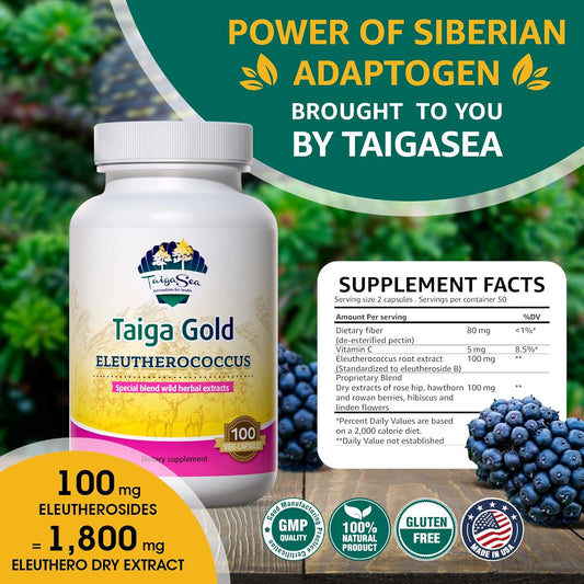 TAIGASEA Wild Eleuthero Root Extract, Herbal Extract Blend with Eleutherococcus for Immunity and Physical Shape, Stamina and Endurance, 100 Vegeterian Capsules