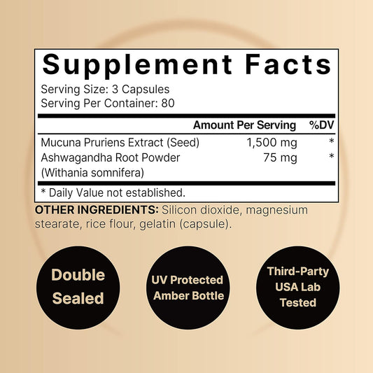 Mucuna Pruriens Capsules, Triple Strength 1500mg Per Serving, 2 in 1 Formula, Made with Mucuna and Ashwagandha, 240 Capsules, Potent Seed Extract, Positive Mood, Relaxation & Restoration Support