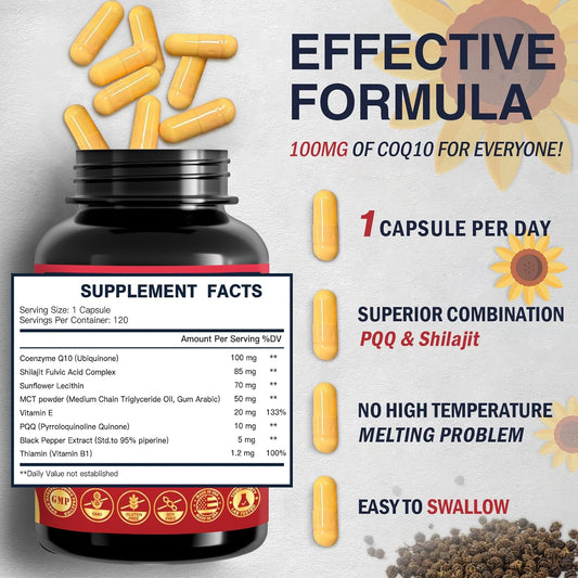 Coq10 100Mg With Pqq & Shilajit - High Absorption Coenzyme Q10 Supplement Enhances Mitochondrial, Powerful Antioxidant For Heart Health & Energy-Production, 120 Veggie Capsules