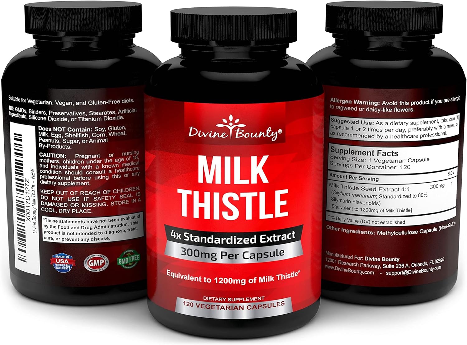 Divine Bounty Pure Milk Thistle Capsules Supplement - A Potent 1200mg Milk Thistle Supplement with 4X Concentrated Extract (Standardized) 120 Vegetarian Capsules : Health & Household