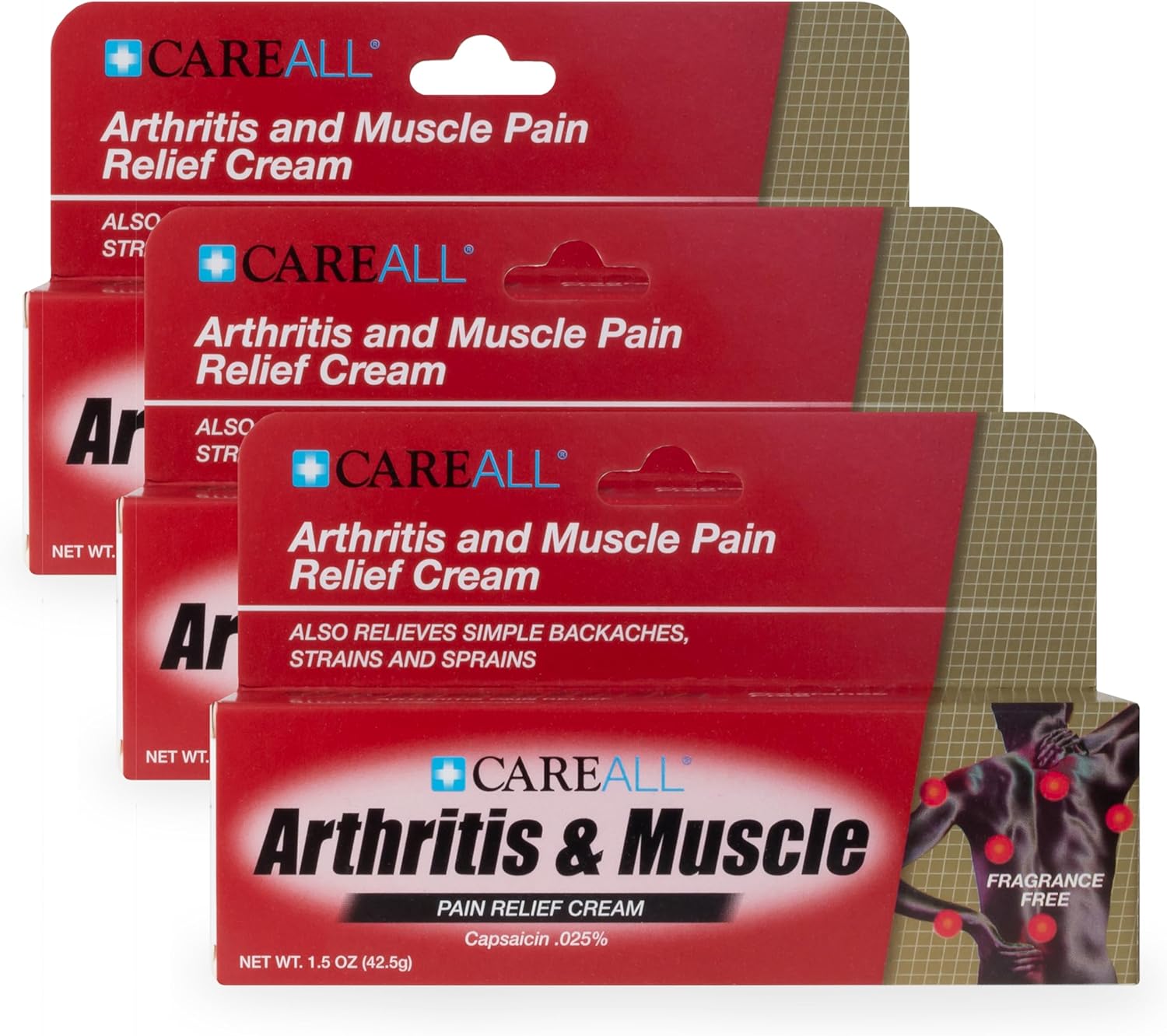 CareAll Capsaicin Arthritis, Muscle, and Joint Cream 1.5 oz. (3 Pack), Relief of Minor Aches and Pains from Backache, Sprains, Strains, Arthritis. Fragrance Free : Health & Household