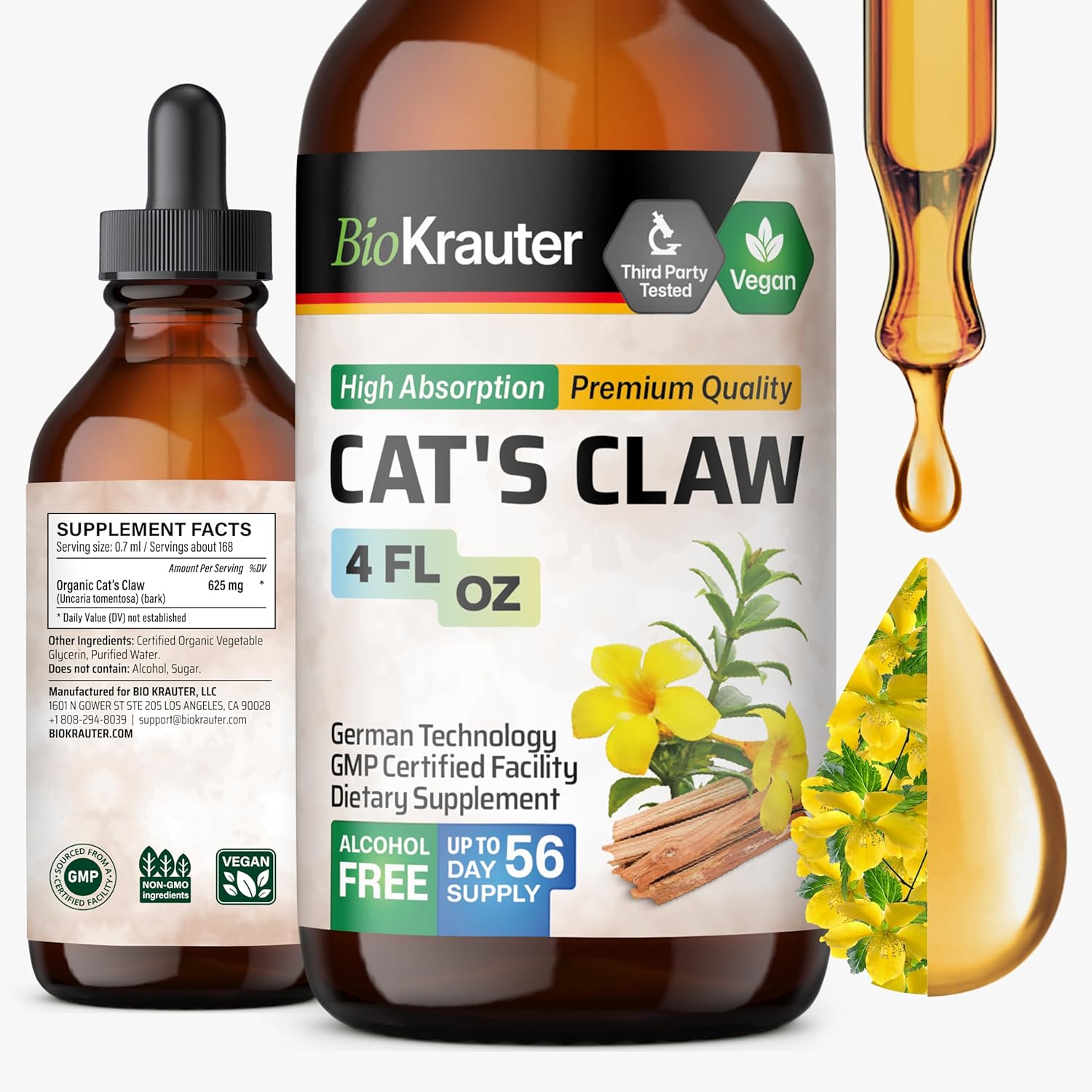 Bio Krauter Cats Claw Tincture - Liquid Cats Claw Herb For Immune Support - Alcohol & Sugar Free - Vegan Drops 4 Fl.Oz