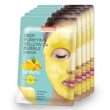 Purederm Deep Purifying Yellow O2 Bubble Mask Turmeric (5 Pack) – Bubble Face Sheet Mask For Purifying & Vitalizing