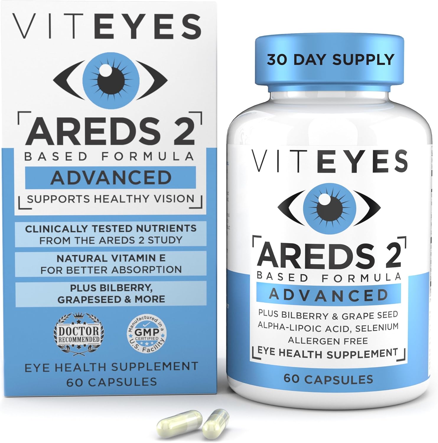 Viteyes AREDS 2 Advanced Macular Support with Bilberry, grapeseed, FLORAGLO Lutein, Selenium, Natural Vitamin E, Allergen Free, Eye Vitamins for Vision Protection, 60 Count