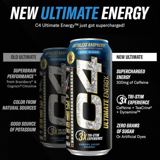 C4 Ultimate X Wwe | Pre Workout Sugar Free Energy Drink | Tri-Stim Experience With 300Mg Caffeine + Teacrine + Dynamine | Ruthless Raspberry | 16Oz (Pack Of 12)