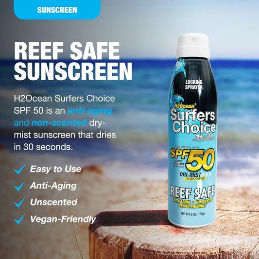 H2Ocean Surfers Choice SPF 50 Spray - Quick-Drying Sunscreen Spray for Tattoo Aftercare & UV Protection - Reef-Safe Sun Protection for All Ages - 6 oz