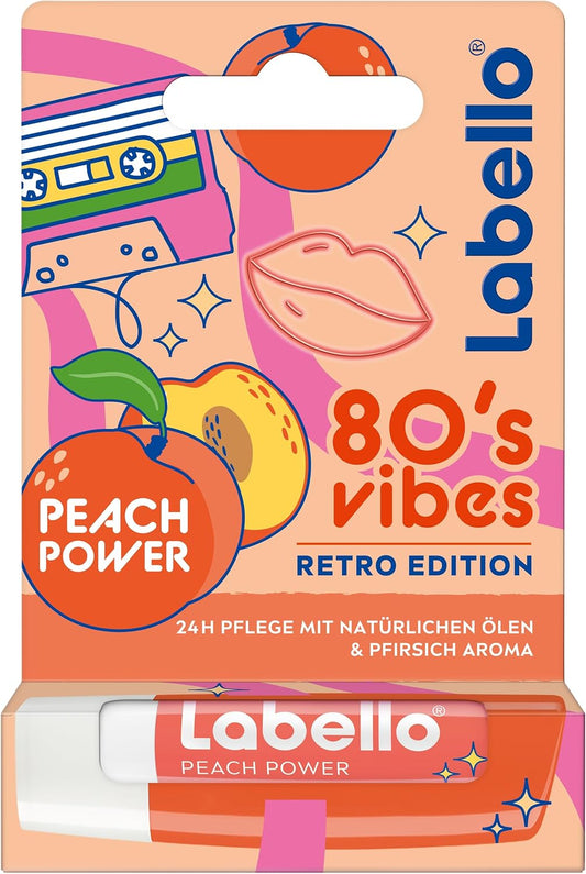 Labello Peach Power 80'S Vibes Retro Edition, Scented Lip Balm With Natural Oils And Peach Flavour, Nourishing Lip Balm With Delicate Shine (4.8 G)
