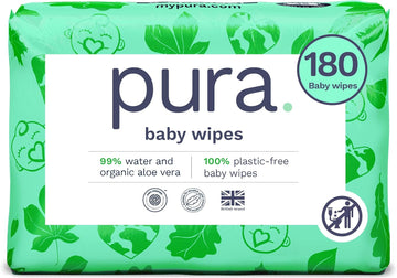 Pura Natural Sensitive Baby Wipes, 99% Water, Unscented & Hypoallergenic, Suitable For Sensitive & Eczema-Prone Skin, Fragrance Free & Hypoallergenic, Ewg Verified, 3 X 60 Per Pack (180 Wipes)