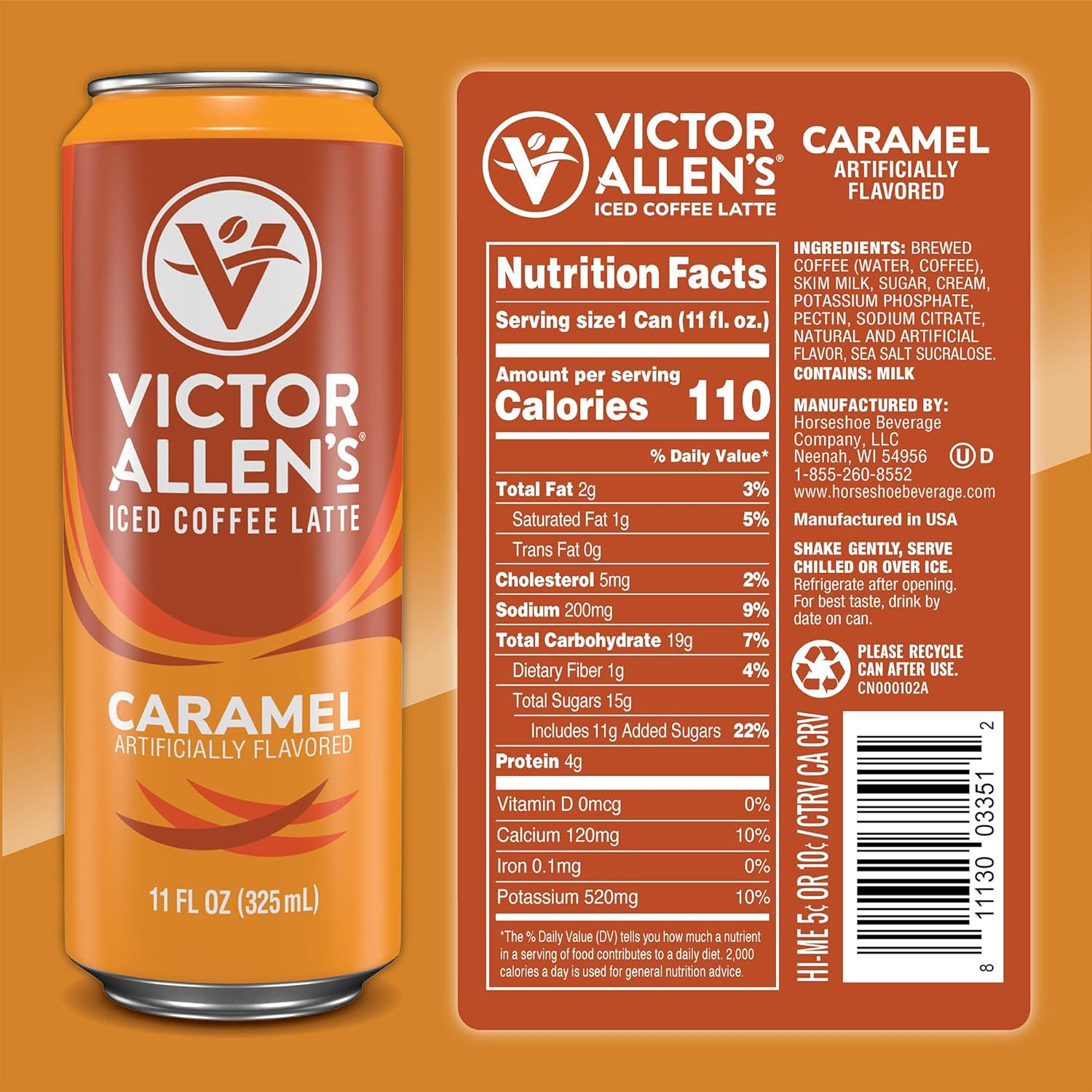 Victor Allen'S Coffee Caramel Iced Canned Coffee Latte, 11Oz Cans (12 Pack)