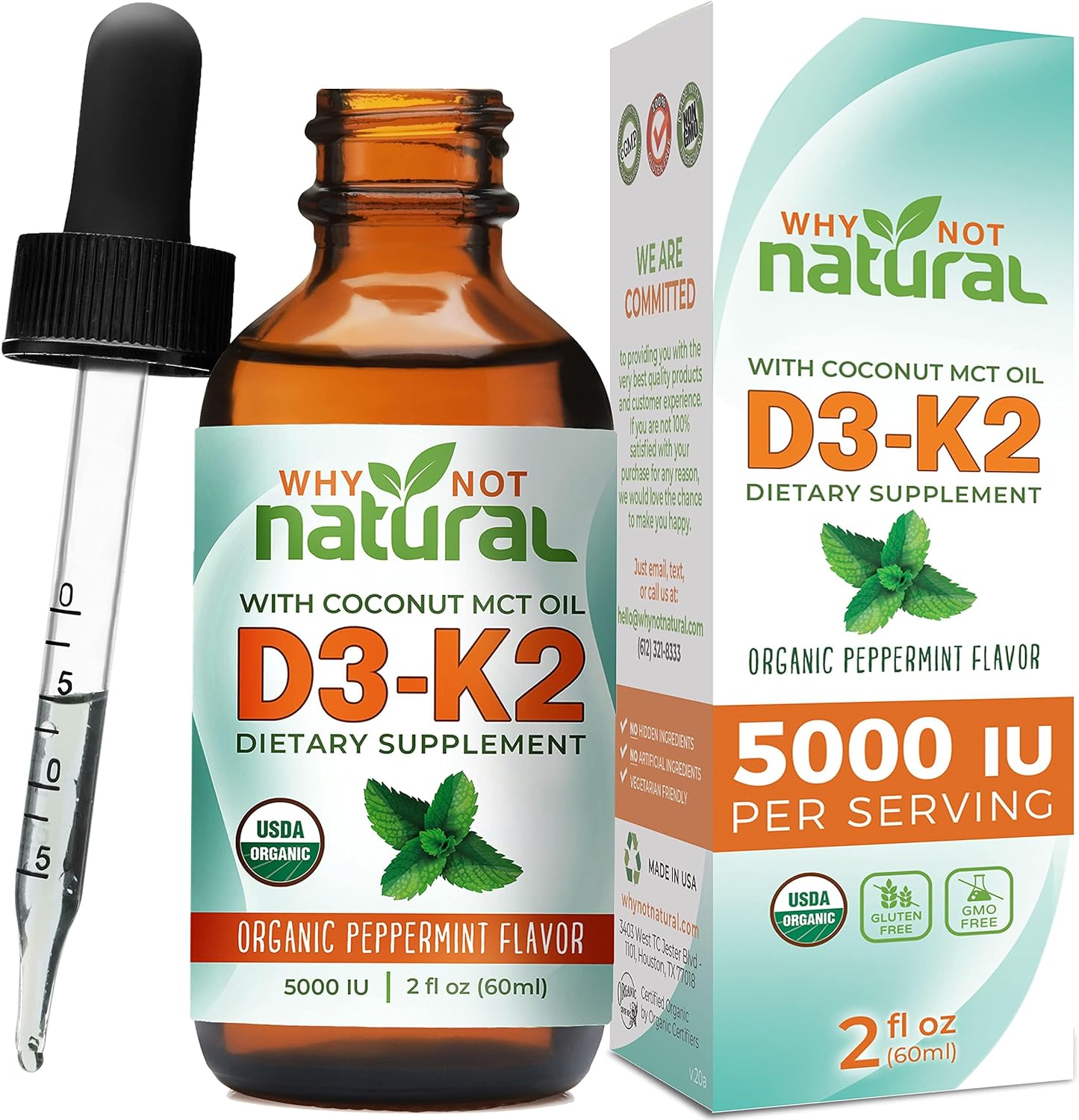 Why Not Natural Organic Vitamin D3 K2 (Mk-7) Liquid Drops, 5000 Iu Of Sublingual D3 With Coconut Mct Oil, For Strong Bones And Teeth, Heart And Immune Support