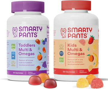 Smartypants Toddler And Kids Multivitamin Gummies Bundle: Omega 3 Fish Oil (Epa/Dha), Vitamin D3, C, Vitamin B12, B6, Vitamin A, K & Zinc, Gluten Free, Three Fruit Flavors (30 Day Supply)