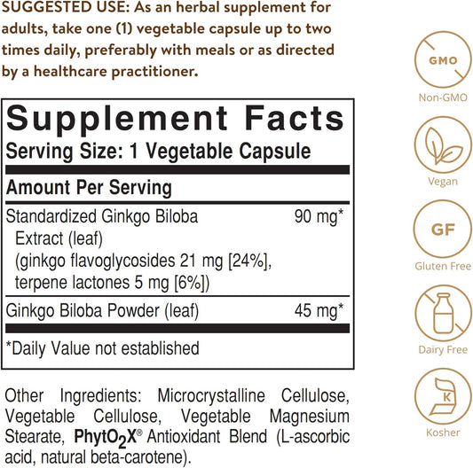 Solgar Ginkgo Biloba Leaf Extract, 180 Vegetable Capsules - Brain Health & Mental Alertness - Standardized Full Potency (SFP) - Non-GMO, Vegan, Gluten Free, Dairy Free, Kosher, Halal - 180 Servings