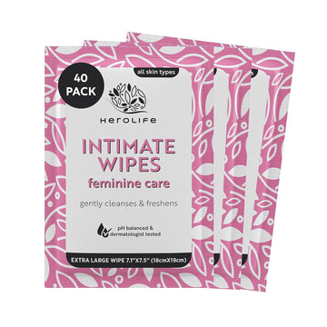 Personal Wipes for Feminine Care, Single Use To Go, Plant-Based, 1 pack of 40 Single-Use Cleansing Wipes, Large size 7.1” x 7.5” Biodegradable wipes formulated with Plant-derived ingredients