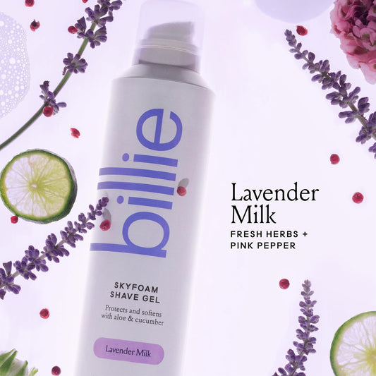 Billie SkyFoam Shave Gel - Lavender Milk Scent - Water-activated Foam - Made With Aloe & Cucumber - For A Close, Smooth Shave - 6.7 fl oz