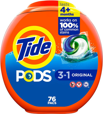 Tide Pods Liquid Laundry Detergent Soap Pacs, Powerful 3-In-1 Clean In One Step, He Compatible, Original Scent, 76 Count