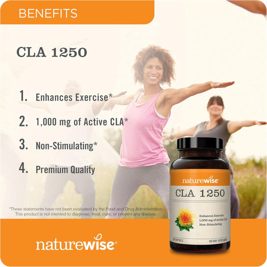 Naturewise Cla 1250 - Conjugated Linoleic Acid Supplement For Women And Men, Not Stimulating, Supports Healthy Weight, Fitness Goals - Non-Gmo, Gluten Free - 180 Softgels[2-Month Supply]