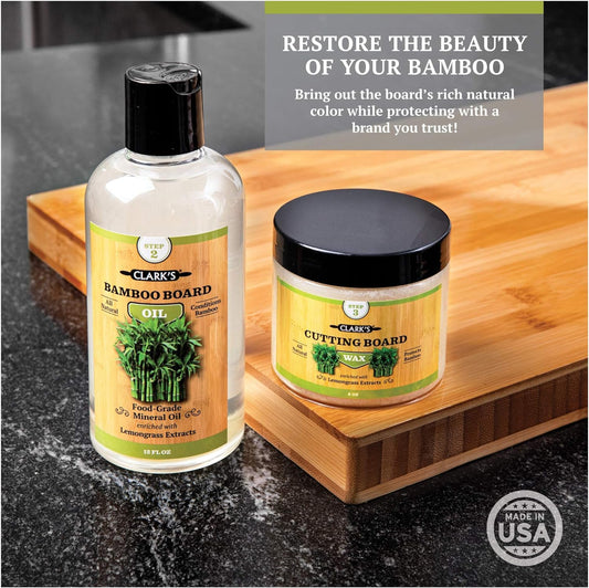CLARK'S Bamboo Cutting Board Care Kit - Includes Mineral Oil (12oz) and Carnauba Beeswax (6oz) - Enriched with Lemongrass Extract - Bamboo Cutting Board Oil Food Grade - Cutting Board Wax Bamboo
