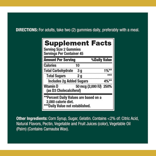 Nature'S Bounty Vitamin D3 Gummies, Vitamin Supplement, Supports Immune Health, 50Mcg, 2000Iu, Mixed Fruit Flavor, 90 Gummies
