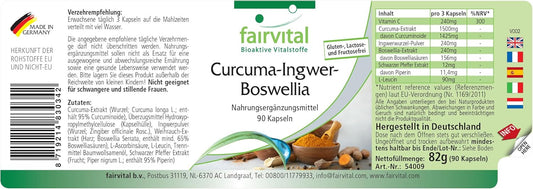 Fairvital | Turmeric, ginger and Boswellia with vitamin C - vegan - 90 capsules - with black pepper extract