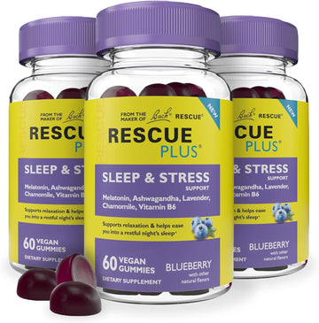 Rescue Bach Plus Sleep & Stress Support Gummies, Nighttime Dietary Supplement With 1Mg Melatonin, Ashwagandha, Chamomile, Lavender & Vitamin B6, Natural Blueberry Flavor, Vegan & Gluten-Free, 3 Pack