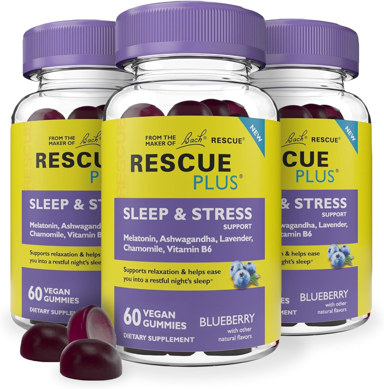 Bach Rescue Plus Sleep & Stress Support Gummies, Nighttime Dietary Supplement With 1Mg Melatonin, Ashwagandha, Chamomile, Lavender & Vitamin B6, Natural Blueberry Flavor, Vegan & Gluten-Free, 60 Count