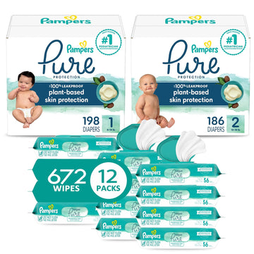 Pampers Pure Protection Disposable Baby Diapers Starter Kit (2 Month Supply), Sizes 1 (198 Count) & 2 (186 Count) With Aqua Pure Sensitive Wipes, 12X Pop-Top Packs (672 Count)