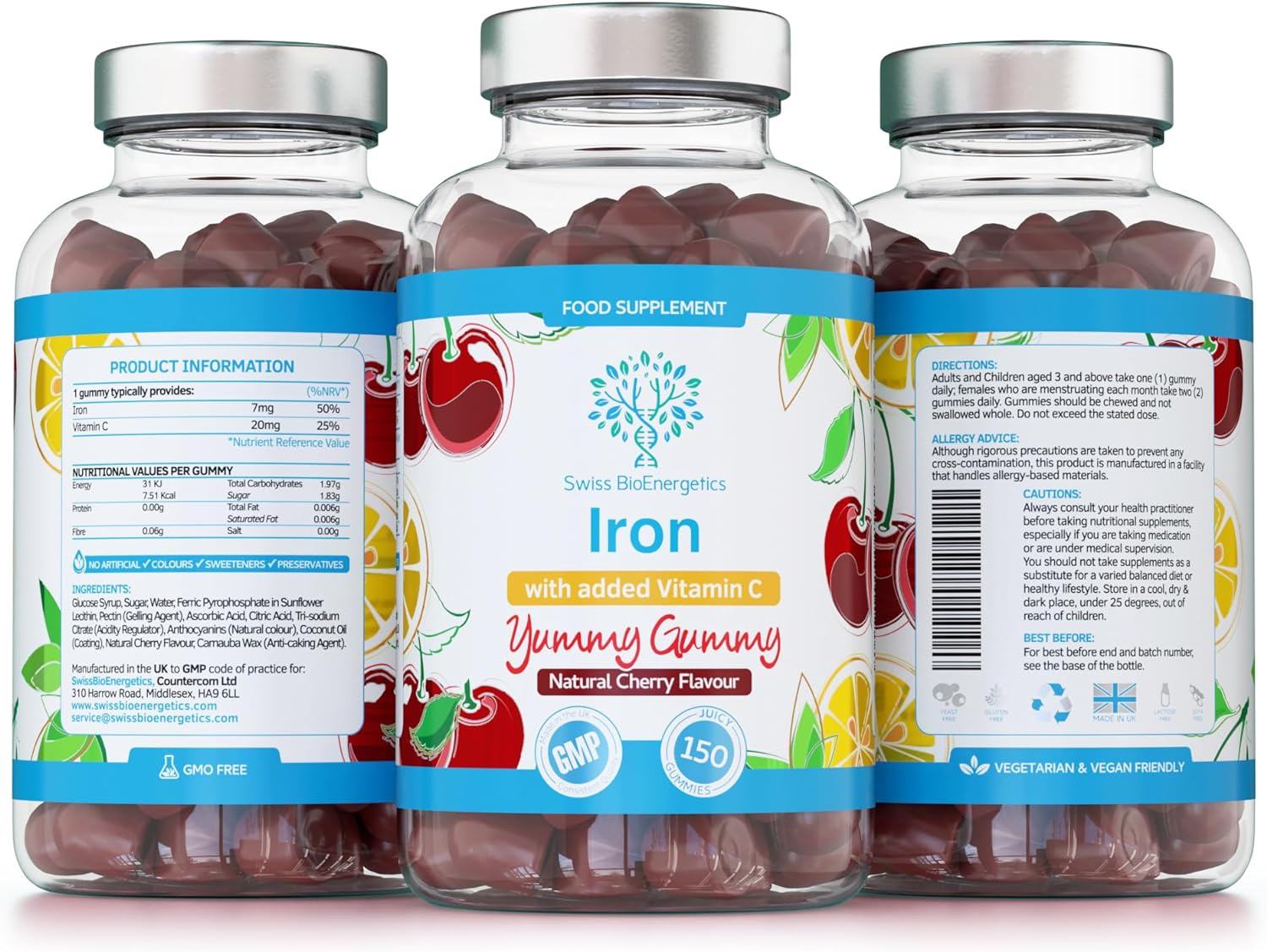 Iron Gummies with Added Vitamin C - 150 Natural Cherry Flavour Chewable Yummy Gummies - 5 Month Supply - efficient Absorption and gentler Digestion Formula - Made in The UK