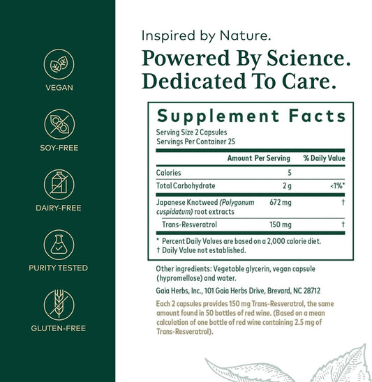 Gaia Herbs Pro Resveratrol 150 - Offers Heart Health & Immune Support - Contains Japanese Knotweed - Vegan, Soy-Free & Gluten-Free - 50 Liquid Phyto-Caps (25 Servings)