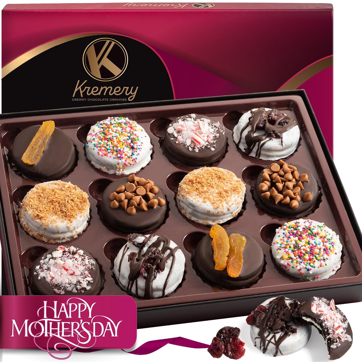 Kremery Creamy Chocolate Cravings - Mothers Day Chocolate Covered Oreo Sandwich Cookies Gift Basket, Assorted Candy Toppings (12 Count) Birthday Care Package - Kosher Usa Made