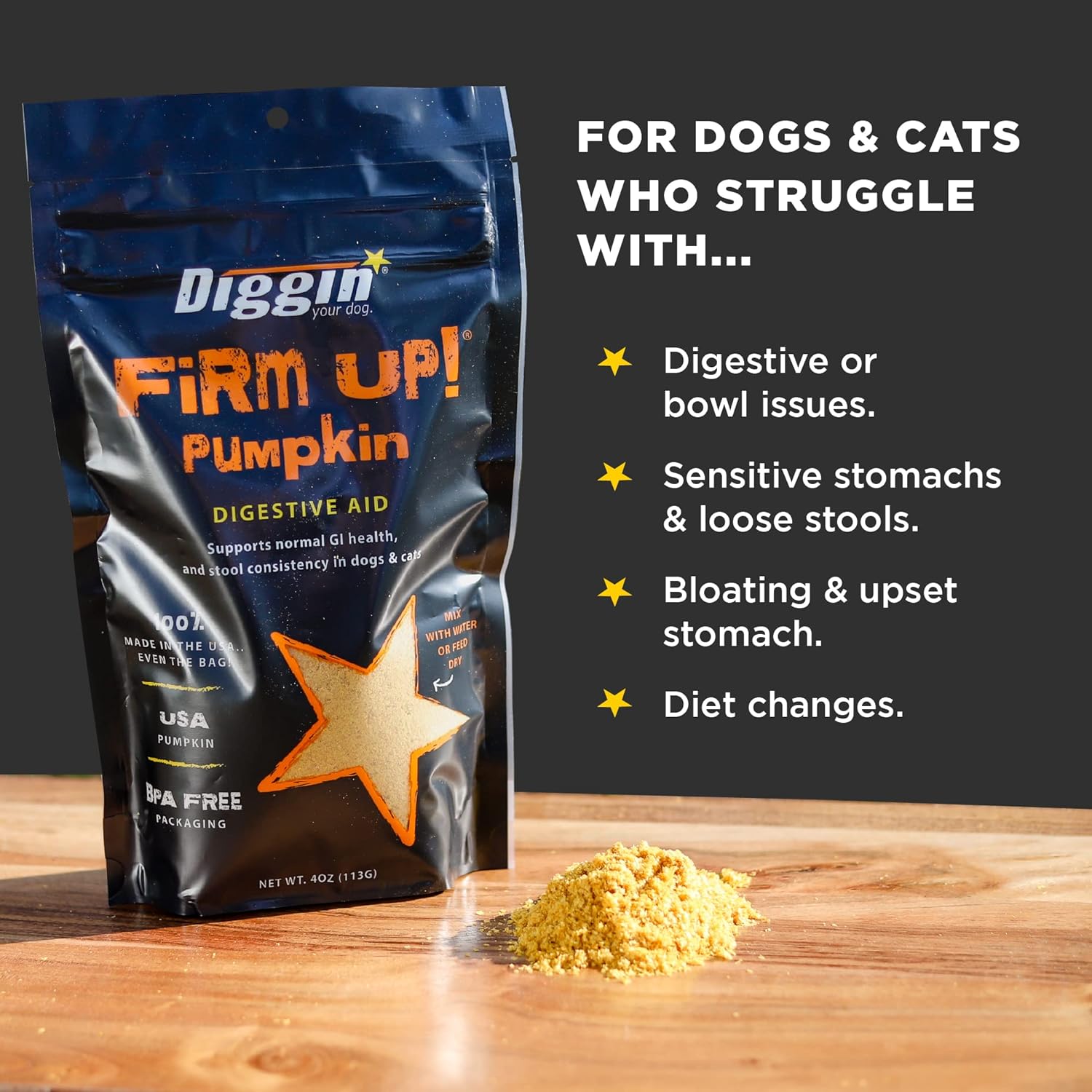 Diggin' Your Dog Firm Up Pumpkin for Dogs & Cats, 100% Made in USA, Pumpkin Powder for Dogs, Digestive Support, Apple Pectin, Fiber, Healthy Stool, 16 oz : Pet Digestive Remedies : Pet Supplies