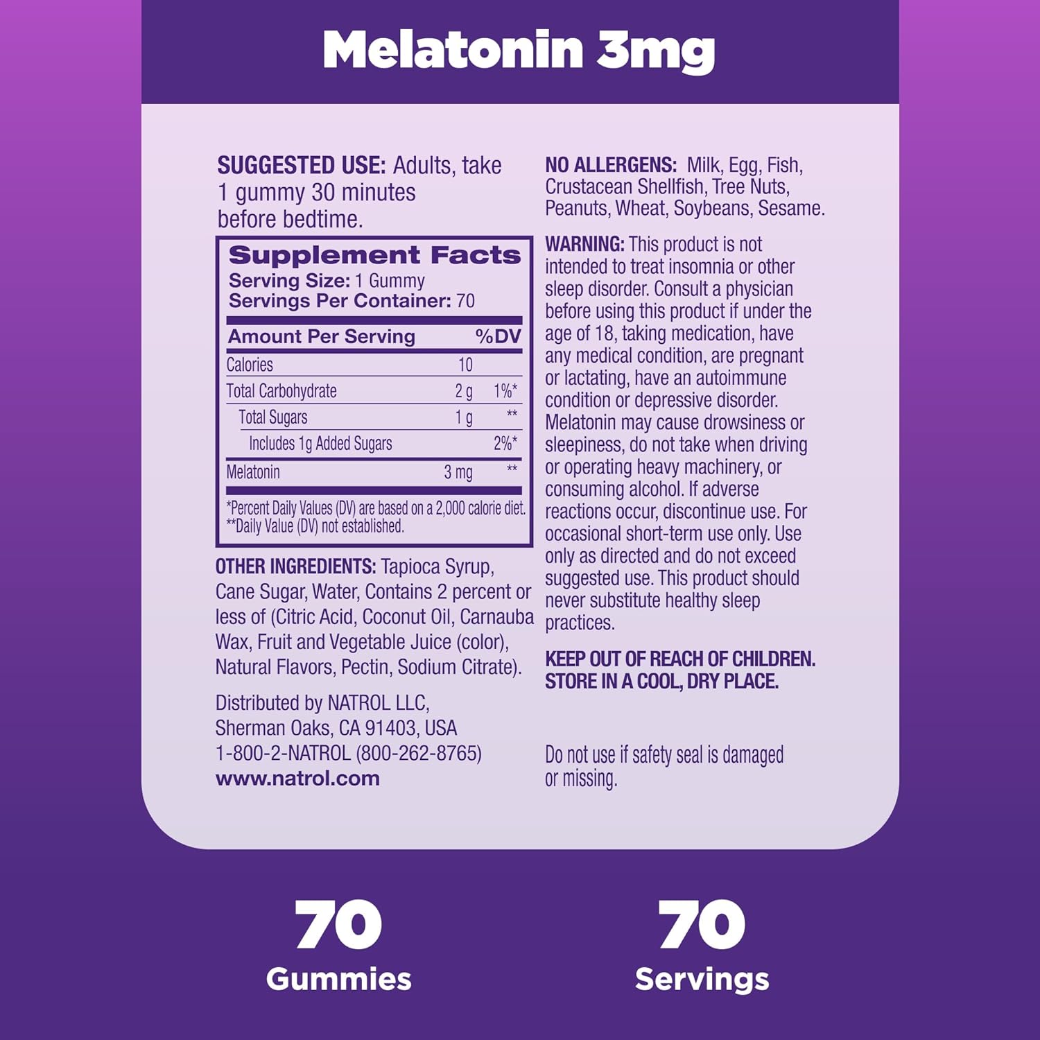 Natrol Melatonin 3 mg, Dietary Supplement for Restful Sleep, Sleep Gummies for Adults, 70 Strawberry-Flavored Melatonin Gummies, 70 Day Supply : Health & Household