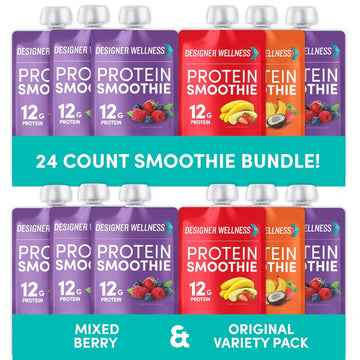 Designer Wellness Protein Smoothies Variety Pack and Mixed Berry Bundle(24 count) each 12 grams