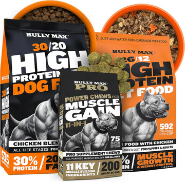 Bully Max Ultimate Performance Dog Bundle - 15 Lbs High Protein Dry & 2 Lbs Wet Dog Food With 11-In-1 Muscle Gain Chews For Puppies & Adult Dogs