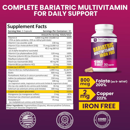 Procare Health Bariatric Multivitamin With Iron Free (30 Fast Dissolving Veggie Capsule) - Bariatric Vitamins For Gastric Sleeve & Gastric Bypass, Bariatric Multivitamin Without Iron (1 Month Supply)