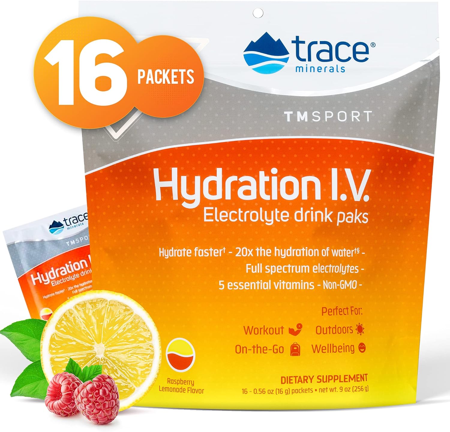 Trace Minerals | Hydration I.V. Electrolyte Drink Packs | Full Spectrum Mineral Mix |Supports Rapid Rehydration, Energy, Stamina and Muscle Recovery | Raspberry Lemonade avor | 16 Packs