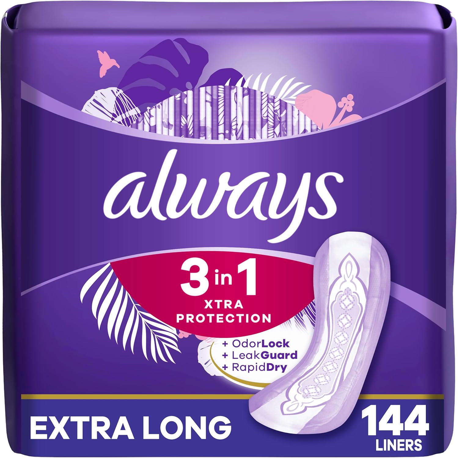 Always 3-In-1 Xtra Protection, Daily Liners For Women, Extra Long, With Leakguard + Rapid Dry, Deodorizing, 48 Count X 3 Packs (144 Count Total) (Packaging May Vary)