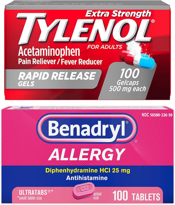 Benadryl Ultratabs Antihistamine Allergy Relief Tablets with 25 mg Diphenhydramine HCl, 100 ct and Tylenol Extra Strength Pain Reliever Rapid Release Gels with 500 mg Acetaminophen, 100 ct