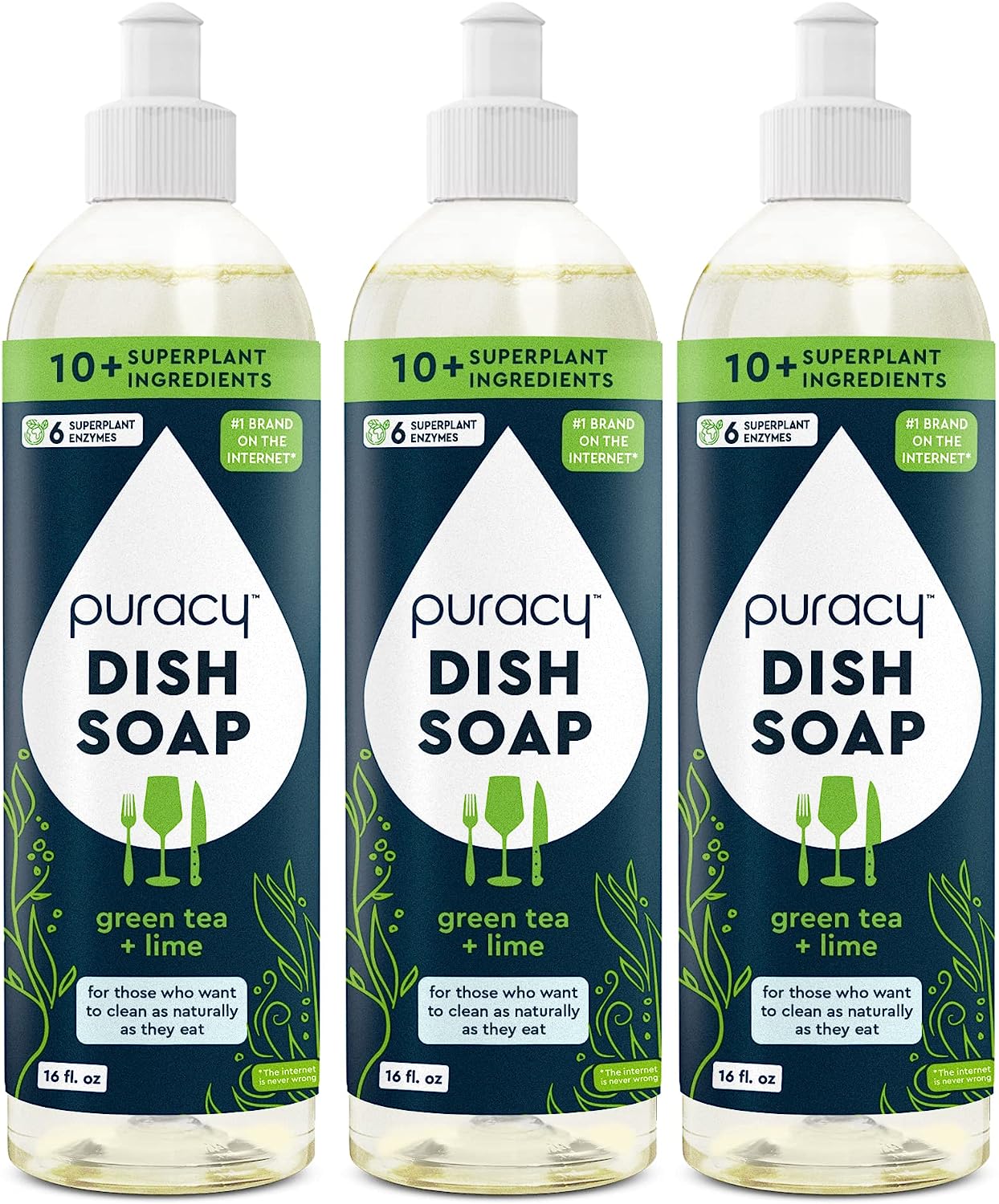 Puracy Dish Soap, Green Tea & Lime, Care for Your Dishes and Your Hands, 99.96% Plant-Based, Natural Liquid Dishwashing Detergent, Skin Friendly Sulfate-Free Kitchen Soap, 16 Fl Oz (Pack of 3)
