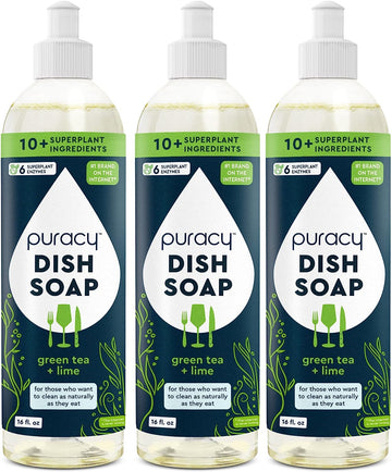 Puracy Dish Soap, Green Tea & Lime, Care for Your Dishes and Your Hands, 99.96% Plant-Based, Natural Liquid Dishwashing Detergent, Skin Friendly Sulfate-Free Kitchen Soap, 16 Fl Oz (Pack of 3)