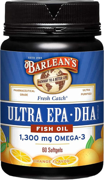 Barlean's Fish Oil Omega 3 Supplement, Ultra EPA DHA Fatty Acid Softgels for Joint, Brain, & Heart Health Supplements, 1000mg Orange Flavored Fish Oil Pills, 60 Count