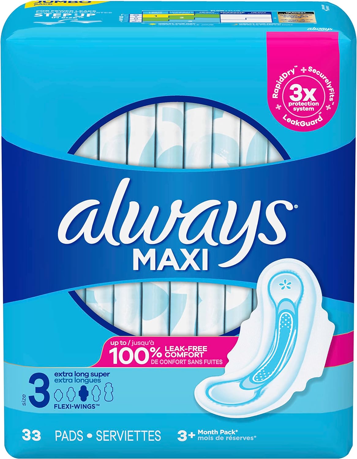 Always Maxi Size 3 Feminine Pads with Wings, Extra Long Super Absorbency, Unscented, 33 Count