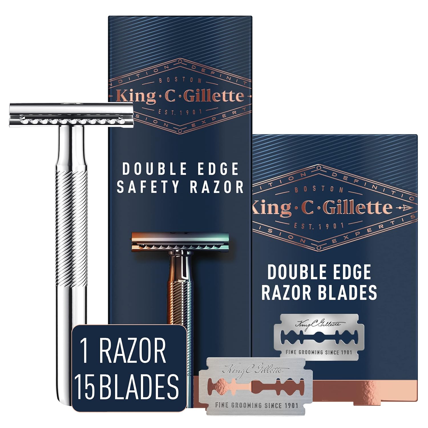 King C. Gillette Safety Razor With Chrome Plated Handle And 5 Platinum Coated Double Edge Safety Razor Blade Refills With Double Edge Safety Razor Blade Refills, 10Ct