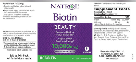 Natrol Biotin Beauty Tablets Promotes Healthy Hair Skin and Nails Helps Support Energy Metabolism Helps Convert Food Into Energy Maximum Strength 10000mcg, Multi, 200 Count