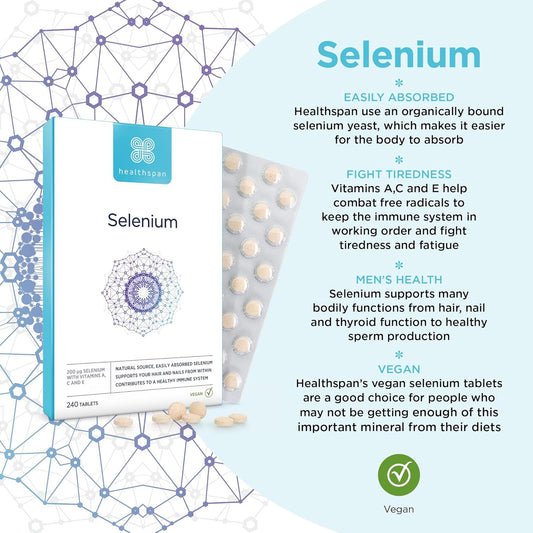 Healthspan Selenium | 240 Tablets | Highly Absorbable | With Vitamin C, A & E | Hair, Nails And Skin Health | Vegan