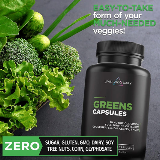 Livingood Daily Greens Capsules - Blend of Spirulina, Chlorella, Broccoli, Spinach, Collards, Celery, Lemon, Cucumber, Wheat Grass, and Parsley - Energy & Digestive Health - Vegan -120 Capsules